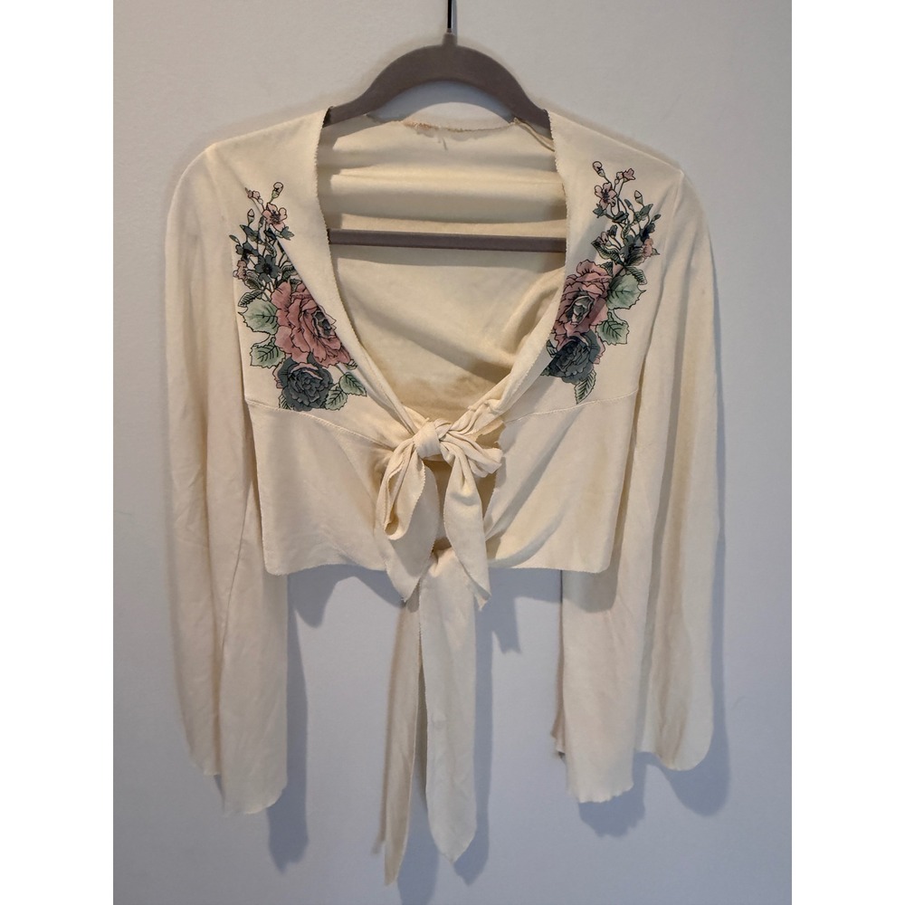 Vintage Boho Floral Embroidered Tie Front Shrug Crop Top